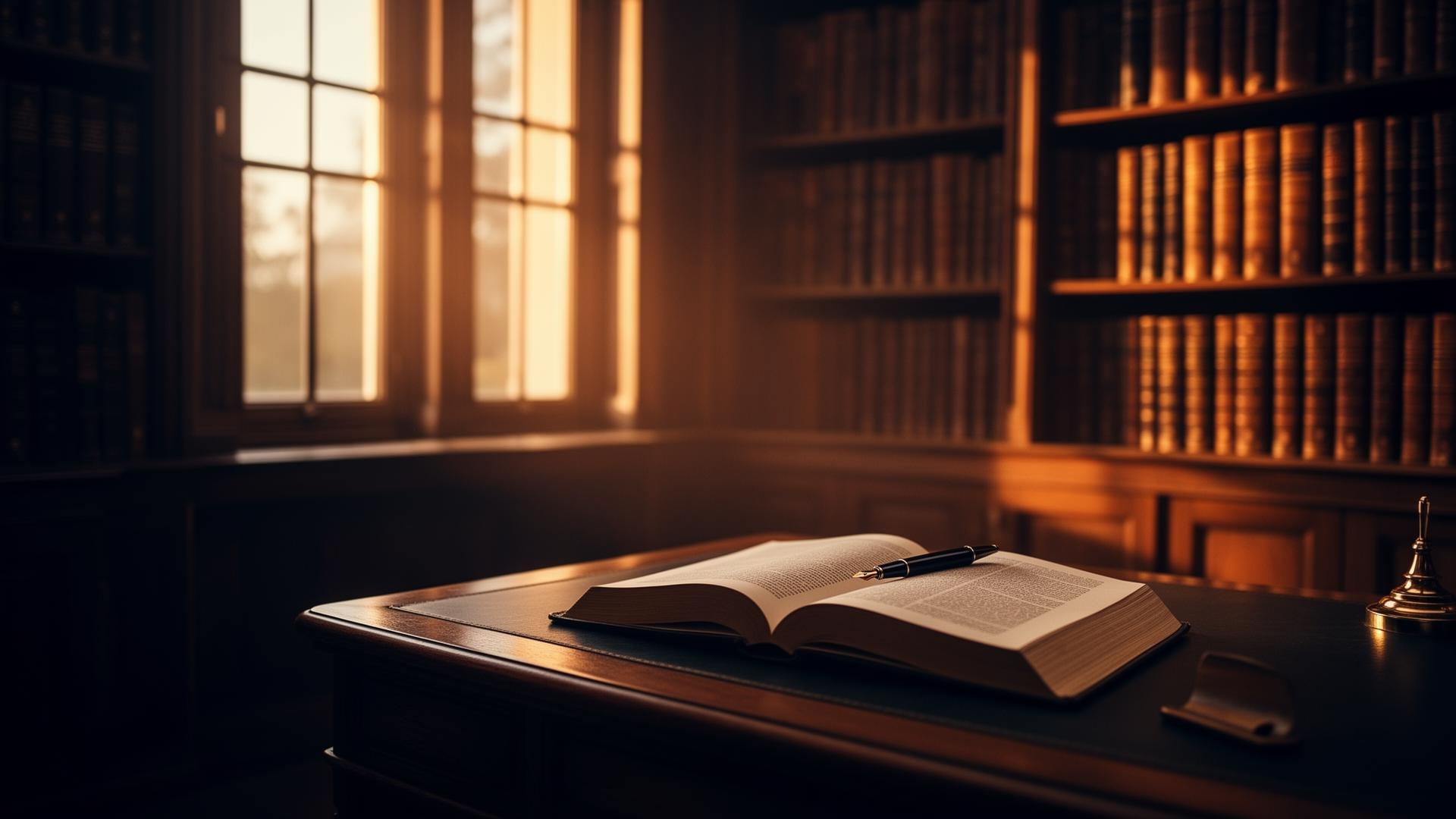 Altın saatte kütüphane ve üzerinde açık kitap bulunan ahşap yazı masası